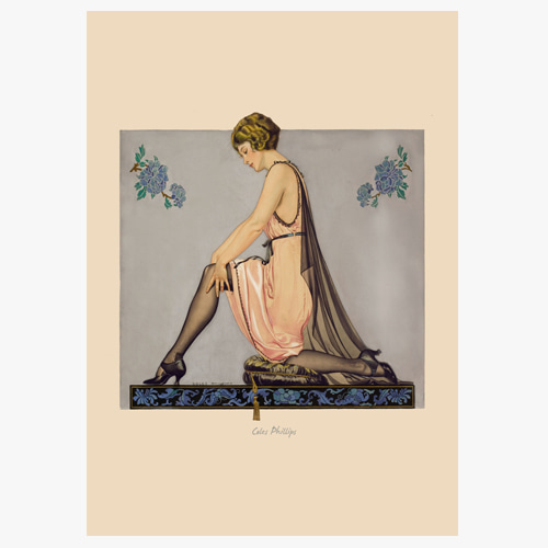 Coles Phillips, 콜스 필립스 (Kneeling woman in slip, black lace cape, and black high-heeled shoes adjusts her stocking)